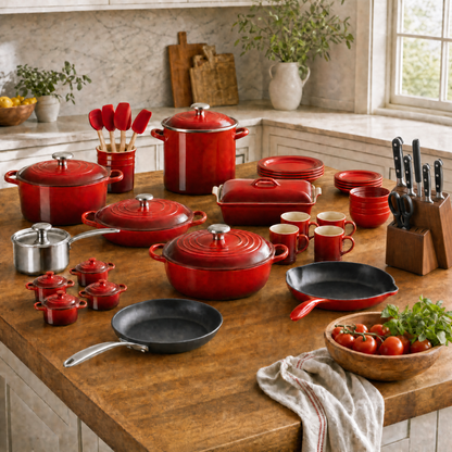 Le Creuset Cerise cast iron collection with nonstick fry pan, 16pc Vancouver stoneware dinnerware and Zwilling Pro knife block on a butcher-block kitchen island