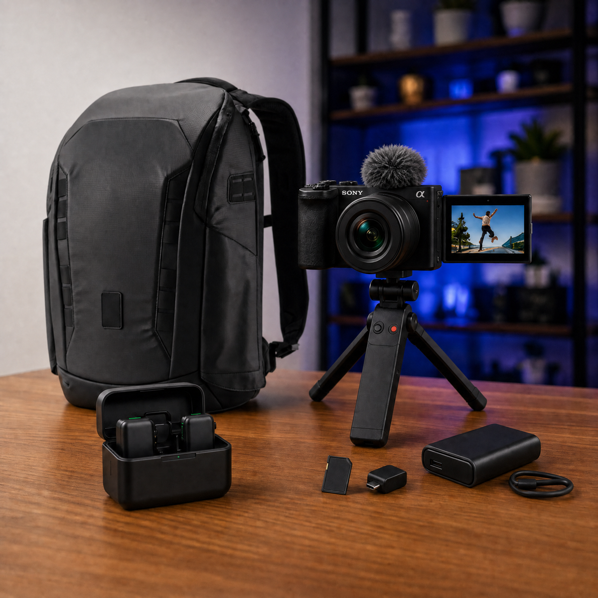 The Creator Bundle — Sony ZV-E10 II camera kit, DJI wireless mics, tripod grip, power bank, SD card, card reader and Nomatic McKinnon 25L camera backpack
