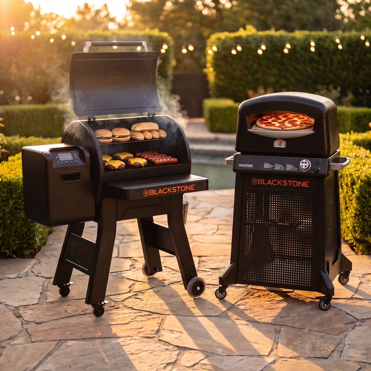 Blackstone Smoke & Fire lifestyle photo with cheeseburgers, hot dogs, and pepperoni pizza