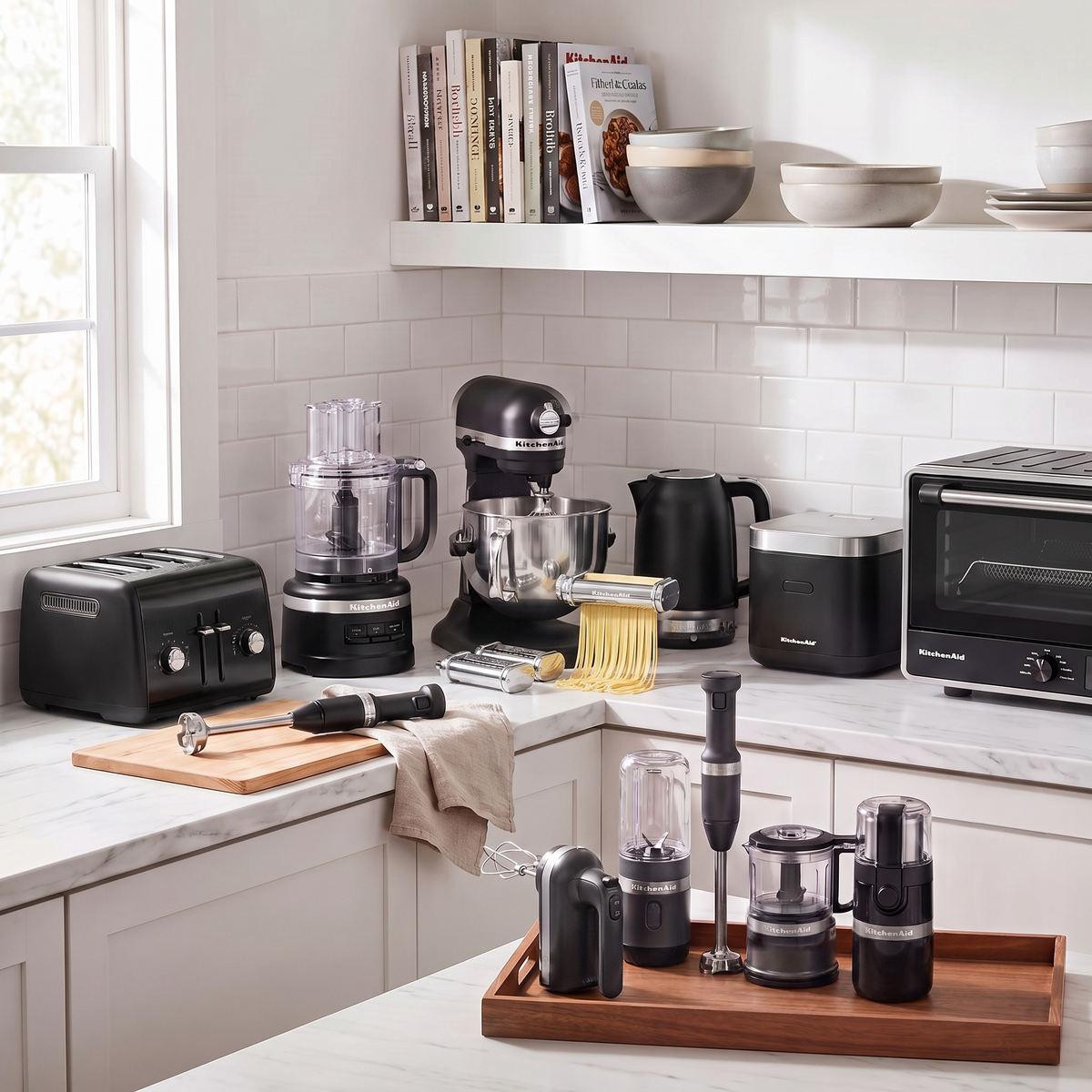 KitchenAid Black & Silver Collection lifestyle photo with Pasta Deluxe Set beside the stand mixer