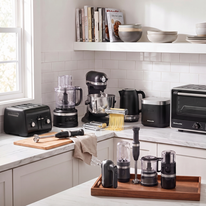KitchenAid Black & Silver Collection lifestyle photo with Pasta Deluxe Set beside the stand mixer