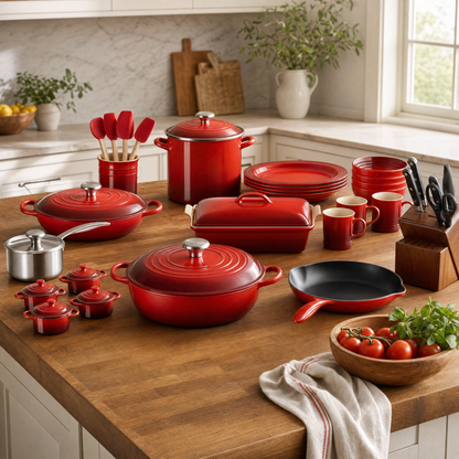 Le Creuset Cerise cast iron with 16pc Vancouver stoneware dinnerware and Zwilling Pro knife block on a butcher-block kitchen island